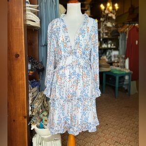 Elegant Floral Long Sleeve Dress in Blue and Orange